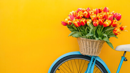 Classic Dutch bicycle with tulips in the basket, bright yellow background