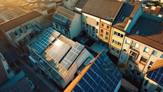 Aerial view of a residential house with photovoltaic solar panels. 4k video