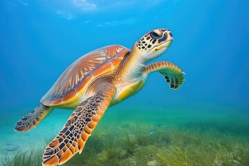 Obraz premium Graceful sea turtle glides through vibrant underwater landscape,