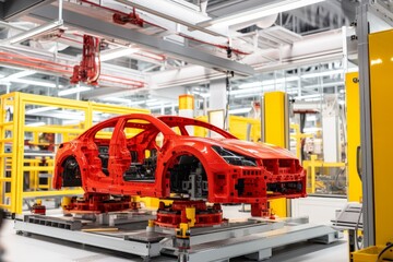 Naklejka premium Red Car Body Frame on Assembly Line in Modern Automotive Factory, Car Production, Industry 4.0