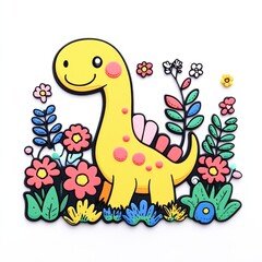 Playful Cartoon Dinosaur Surrounded by Colorful Flowers and Plants in a Whimsical Illustration for Kids