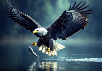 Naklejka premium Majestic Bald Eagle Capturing Fish in Mid-Air Over Serene Lake Waters with Lush Greenery in Background, Stunning Wildlife Photography