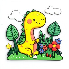 Fototapeta premium Happy Cartoon Dinosaur in a Colorful Garden Surrounded by Green Leaves and Flower Blossoms