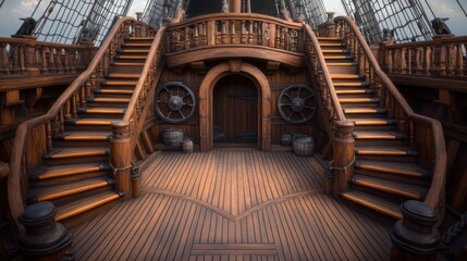 Wooden stairs leading to the captain's cabin on an old pirate ship