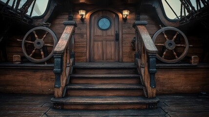 Wooden stairs leading to captain's cabin on old pirate ship © Professional Agency