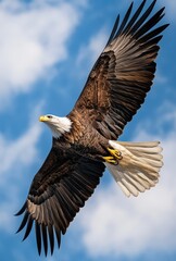 Fototapeta premium Majestic Bald Eagle Flying Against a Clear Blue Sky with Fluffy White Clouds Showcasing Powerful Wings and Striking Beauty of Nature