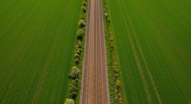 Aerial View of Railway Tracks Cutting Through Vibrant Green Field