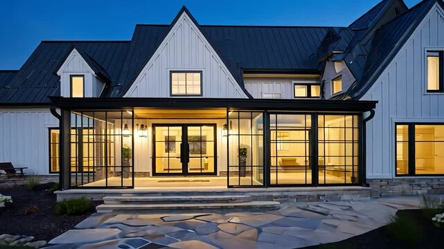 Modern Farmhouse Exterior at Dusk with Black Trim and Stone Patio