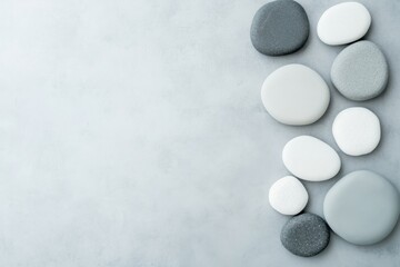 Relaxing spa stones: grey and white stones in a calm arrangement on a light-grey background