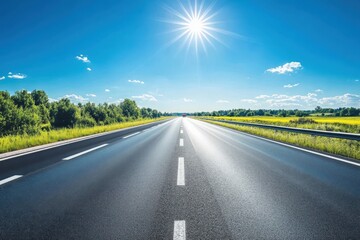 The sun is shining very brightly on the empty road ahead of me