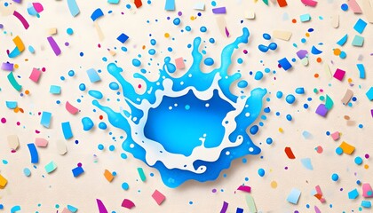 Vibrant blue splash surrounded by colorful confetti on light background