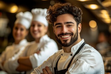 A smiling chef in a kitchen, flanked by two fellow chefs, showcases a vibrant atmosphere of teamwork and culinary passion.