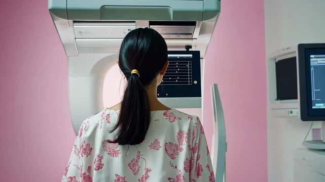 Woman wearing a patient robe at a medical facility, preparing for an ultrasound or mammogram screening