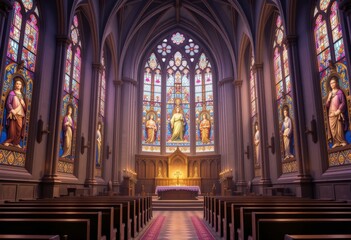 Obraz premium Gothic Church Interior Stained Glass Windows Wooden Pews - Symmetrical Composition, Warm Lighting Religious Spiritual Publications