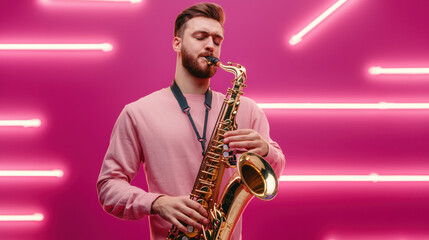 Fototapeta premium Summer concert festival. Musician playing saxophone against a vibrant pink background.