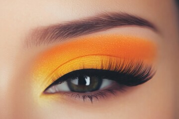 Fototapeta premium Vibrant eye makeup features stunning blend of orange and yellow
