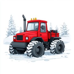 Fototapeta premium Red All-Terrain Vehicle in Snowy Landscape with Pine Trees and Snow-Covered Ground