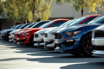 There is a row of cars parked closely next to one another in a parking lot