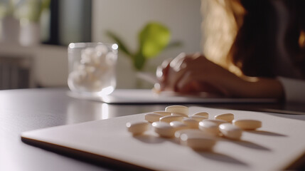 concept of medication and emotional struggle, showing pills in focus with a stressed woman in the background, suitable for medical articles, therapy promotions, and pharmaceutical topics