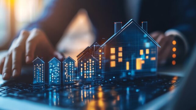 Innovative real estate business strategy featuring sales graph and digital homes on laptop display