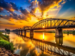 Fototapeta premium Silhouette of Four-Lane Bridge at Sunset over Sajluj River, Punjab