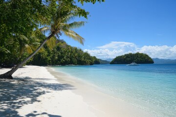 Fototapeta premium A painting of a tropical beach with palm trees and an island