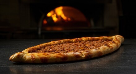 Authentic Turkish Pide Bread with Ground Meat Filling and Wood Fire