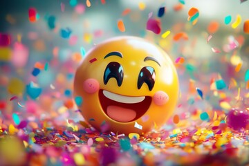 Joyful smiling emoji surrounded by colorful confetti with a captivating bokeh effect