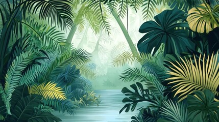 Lush Green Jungle Landscape with River and Tropical Plants Illustration