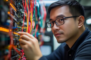 Focused asian tech professional in network room surrounded by high tech equipment and cables