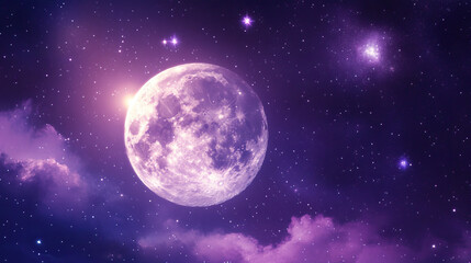 Fototapeta premium Glowing moon with constellations around it, bright purple background