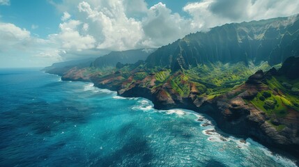 Majestic Coastal Landscape with Lush Green Mountains and Turquoise Ocean Waves Under Dramatic Cloudy Sky