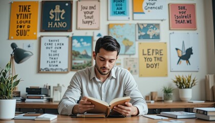 Reading a book modern office lifestyle indoor close-up focused mind