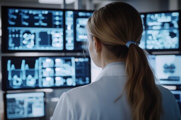 Female doctor analyzing medical data on multiple screens in a professional clinical setting