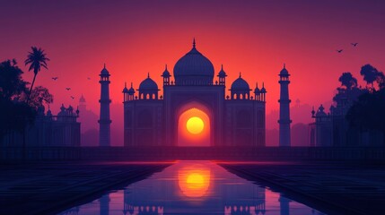 Majestic palace at sunset, reflected in water.