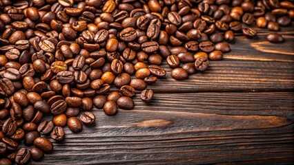 Fototapeta premium Close-up of coffee beans scattered on a dark wooden background, highlighting their texture and color, beans, roasted