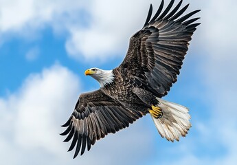 Obraz premium Majestic Bald Eagle in Flight with Outstretched Wings Against a Blue Sky Highlighting Dynamic Feathers and Aerial Grace