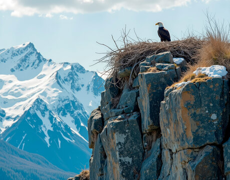 Alaskan eagle nest cliff. Aerial view from 400m with an 800mm telephoto lens captures an eagle nest, emphasizing ethical wildlife distance