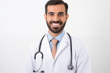 Fototapeta premium Smiling Arab Doctor in White Coat with Stethoscope – Professional Medical Portrait on White Background, Healthcare Expert, Friendly Physician, Hospital & Clinic Concept