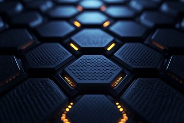 Obraz premium Abstract Dark Hexagon Pattern Background Technology Digital Futuristic Design Modern Dark Blue Orange Glowing Lines Industrial Geometric Structure 3D 
