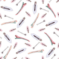 Watercolor illustrations of hairpins and hair items. Hand-drawn seamless pattern of isolated clip art on a white background. Bright and stylish pictures of realistic hairpins and hair care devices for