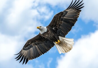 Naklejka premium Majestic Bald Eagle Soaring Across Blue Sky with Fluffy Clouds in Background, Wildlife Photography of American Symbol of Freedom and Strength