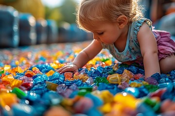 
A child playing with plastic toys made of recycled material.