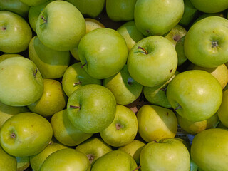 A bountiful display of fresh, crisp Granny Smith apples fills the frame, showcasing their vibrant green hues and smooth, inviting textures. These apples, piled high and captured in a close-up shot.