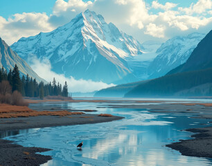 Obraz premium Alaskan salmon river estuary. Low tide reveals braided channels while a bald eagle perches in the distance, surveying the landscape
