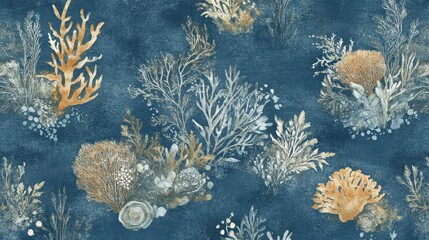 Coral Reef and Seaweed Watercolor Pattern on Deep Blue Background