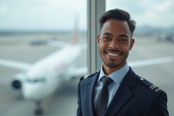 Head and shoulders Portrait of an elegant stylish Saint Lucian young male flight attendant in uniform.