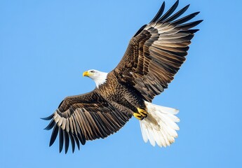 Fototapeta premium Majestic Bald Eagle Soaring Against Clear Blue Sky with Outstretched Wings Capturing the Beauty of Nature in a Stunning Wildlife Photograph