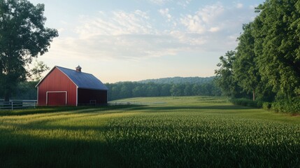 Obraz premium Tranquil farmstead with vibrant red barns background. Green fields. Rustic rural country life. Cute little farm. Agricultural landscape.
