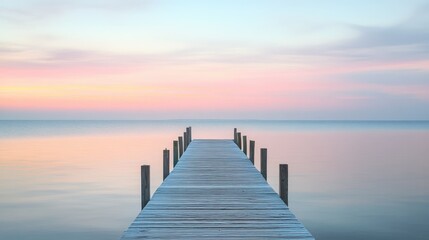 Fototapeta premium A wooden pier extends into the tranquil ocean waters at dusk